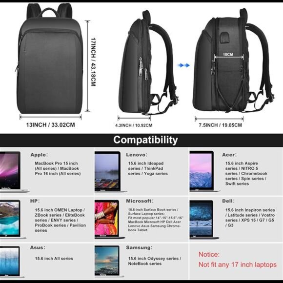 Slim and Expandable 15 15.6 16 Inch Laptop Backpack Anti Theft Business Travel - Picture 2 of 7